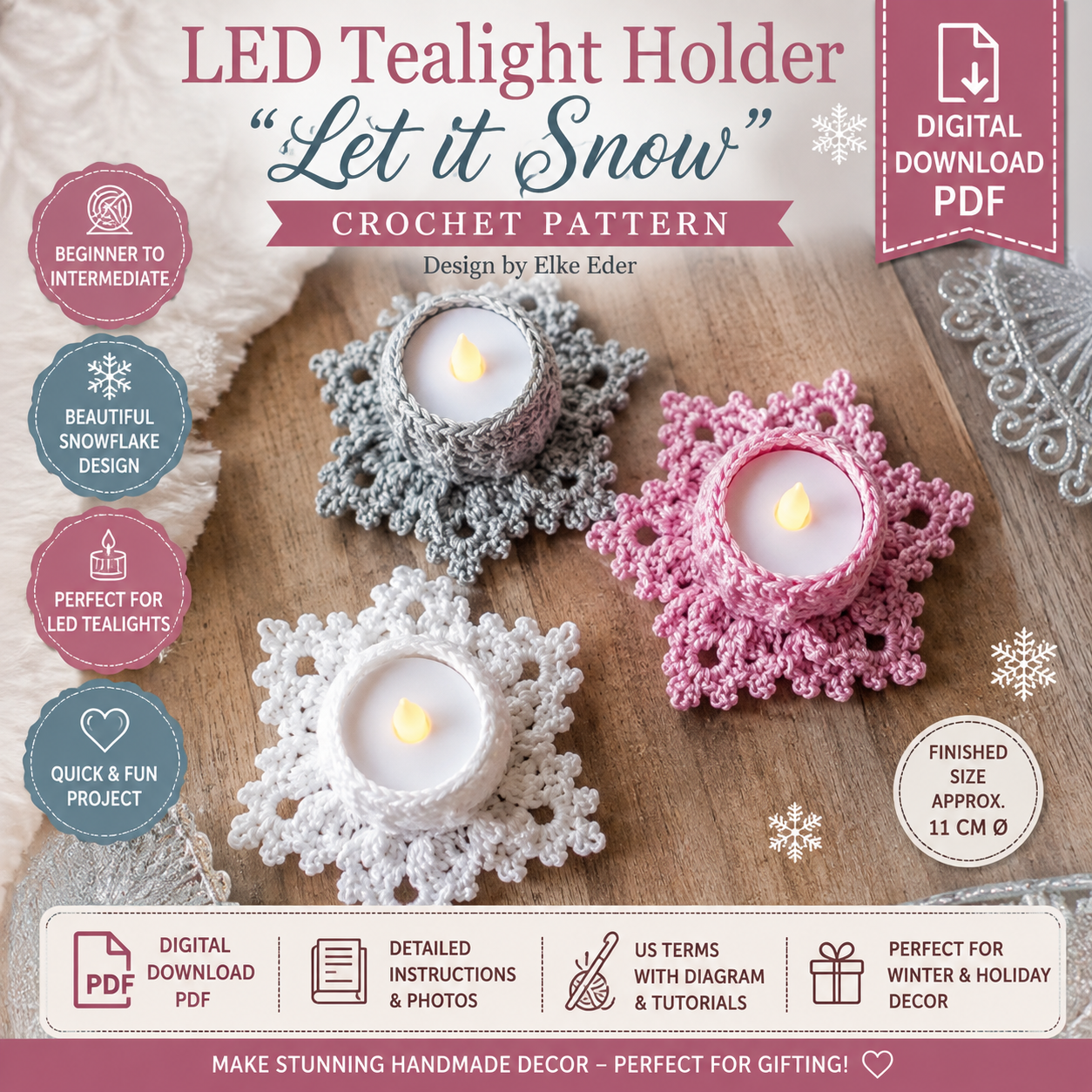 LED Tealight Holder Crochet Pattern, Let It Snow Snowflake Candle Holder, (Digital Download)