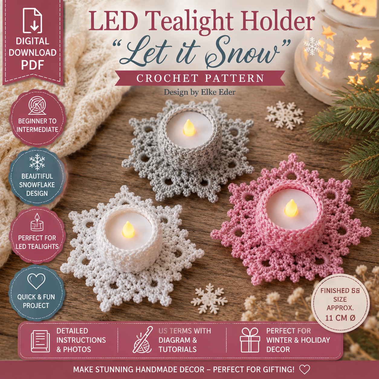 LED Tealight Holder Crochet Pattern, Let It Snow Snowflake Candle Holder, (Digital Download)