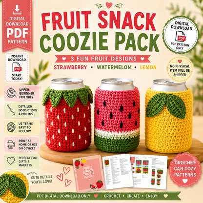 Fruit Snack Coozie Pack Crochet Pattern | Strawberry, Watermelon & Lemon | (Digital Download)