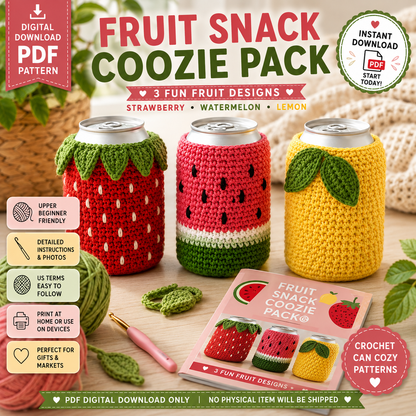 Fruit Snack Coozie Pack Crochet Pattern | Strawberry, Watermelon & Lemon | (Digital Download)