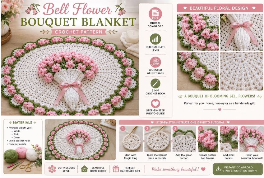 Bell Flower Bouquet Crochet Blanket Pattern (Digital Download)