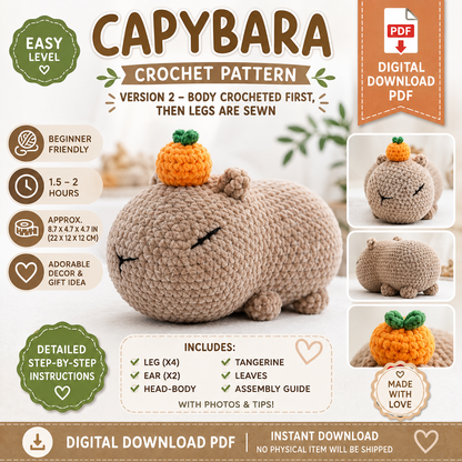 Capybara Crochet Pattern V2 – Amigurumi Plush with Tangerine | (Digital Download)
