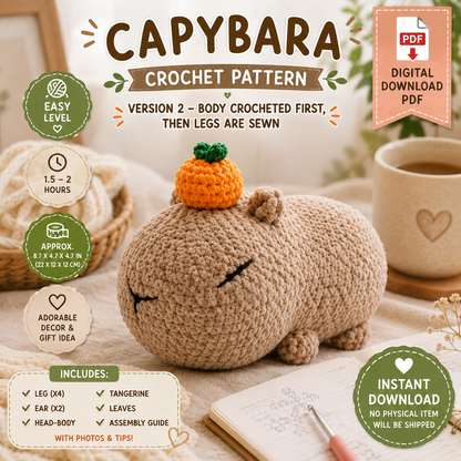 Capybara Crochet Pattern V2 – Amigurumi Plush with Tangerine | (Digital Download)