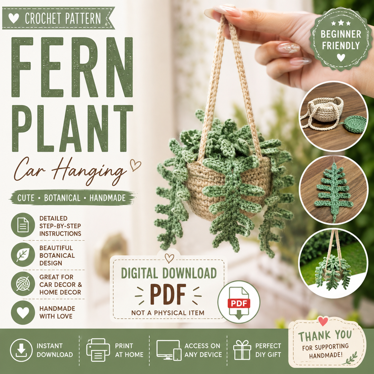 Fern Plant Car Hanging Crochet Pattern | Crochet Hanging Plant | (Digital Download)