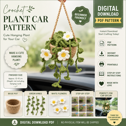 Crochet Hanging Plant Car Ornament Pattern | Mini Plant Car Decor | (Digital Download)