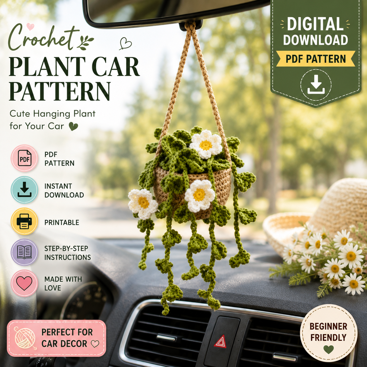 Crochet Hanging Plant Car Ornament Pattern | Mini Plant Car Decor | (Digital Download)