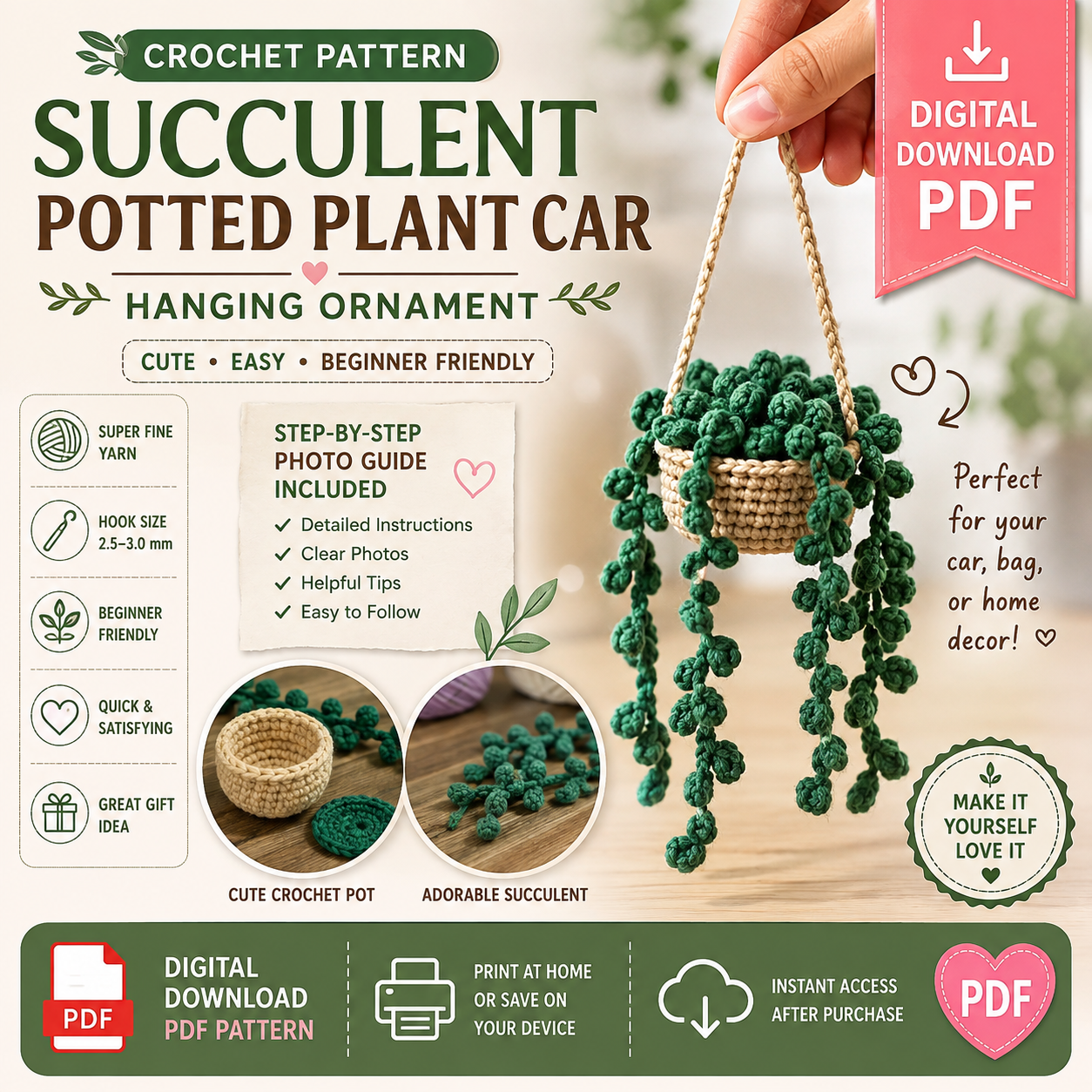 Succulent Potted Plant Car Hanging Crochet Pattern (Digital Download)