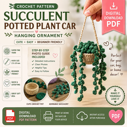 Succulent Potted Plant Car Hanging Crochet Pattern (Digital Download)