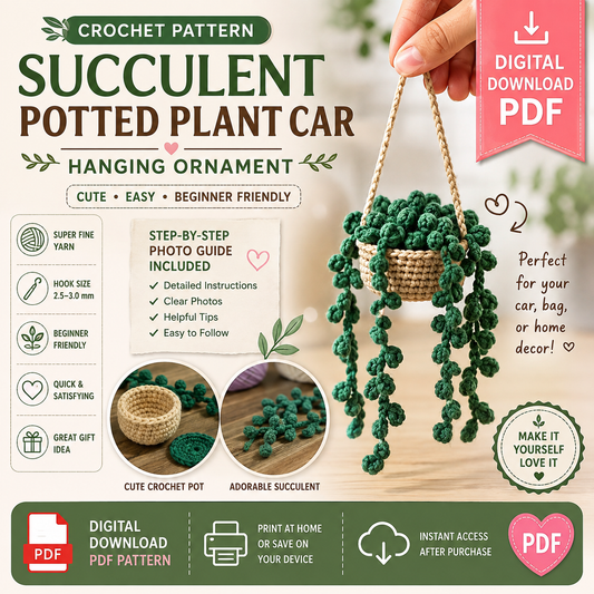 Succulent Potted Plant Car Hanging Crochet Pattern (Digital Download)