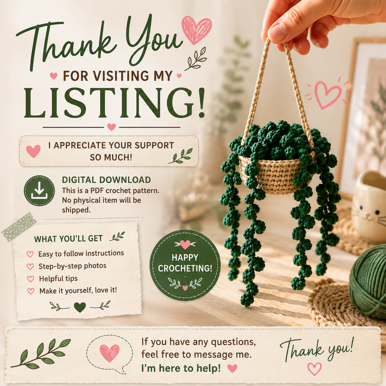 Succulent Potted Plant Car Hanging Crochet Pattern (Digital Download)