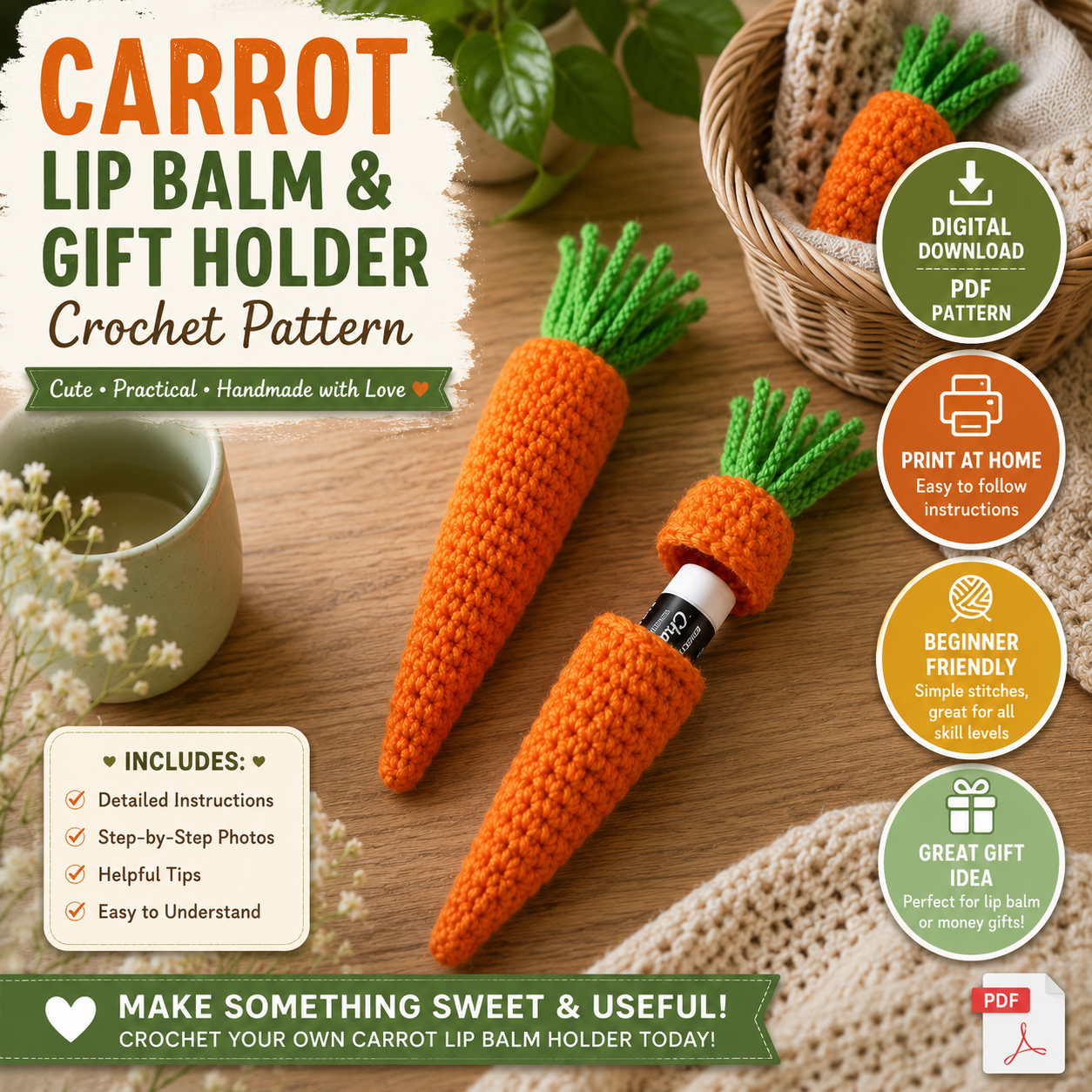 Carrot Lip Balm Holder Crochet Pattern | Cute Money Holder | (Instant Digital Download)