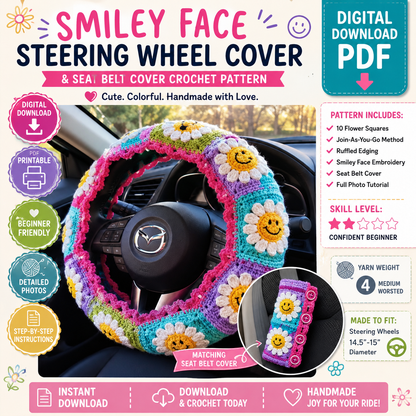 Smiley Face Steering Wheel Cover Crochet Pattern + Seat Belt Cover (Digital Download)