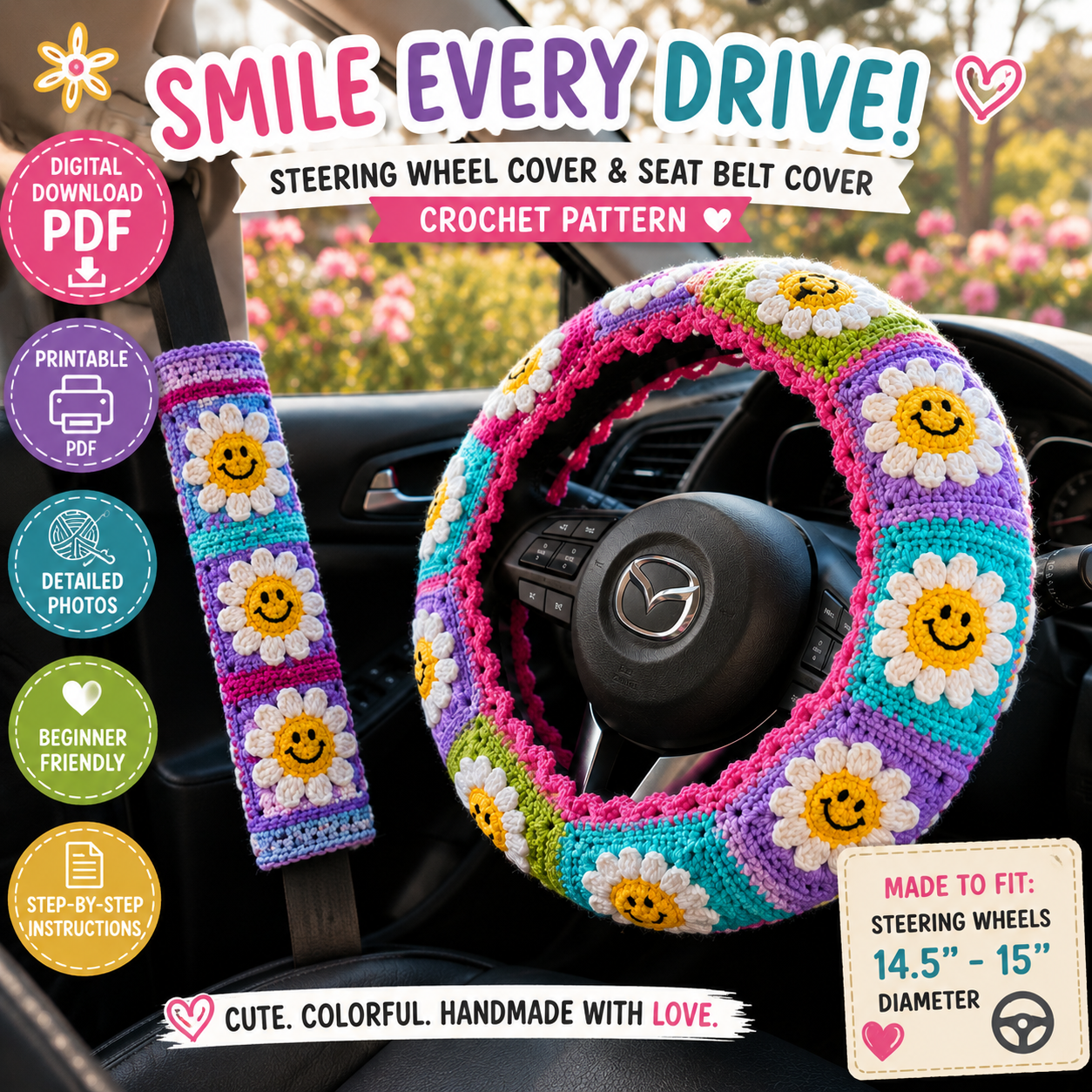 Smiley Face Steering Wheel Cover Crochet Pattern + Seat Belt Cover (Digital Download)