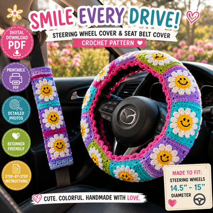 Smiley Face Steering Wheel Cover Crochet Pattern + Seat Belt Cover (Digital Download)