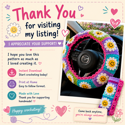 Smiley Face Steering Wheel Cover Crochet Pattern + Seat Belt Cover (Digital Download)