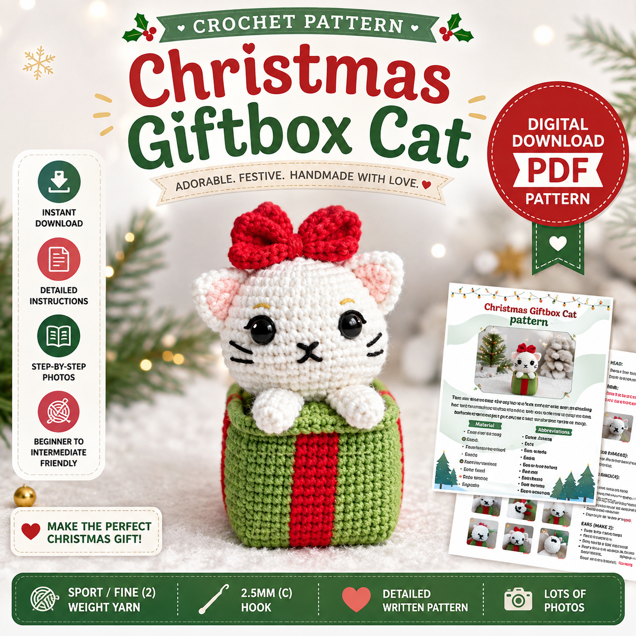Christmas Giftbox Cat Crochet Pattern (Digital Download)