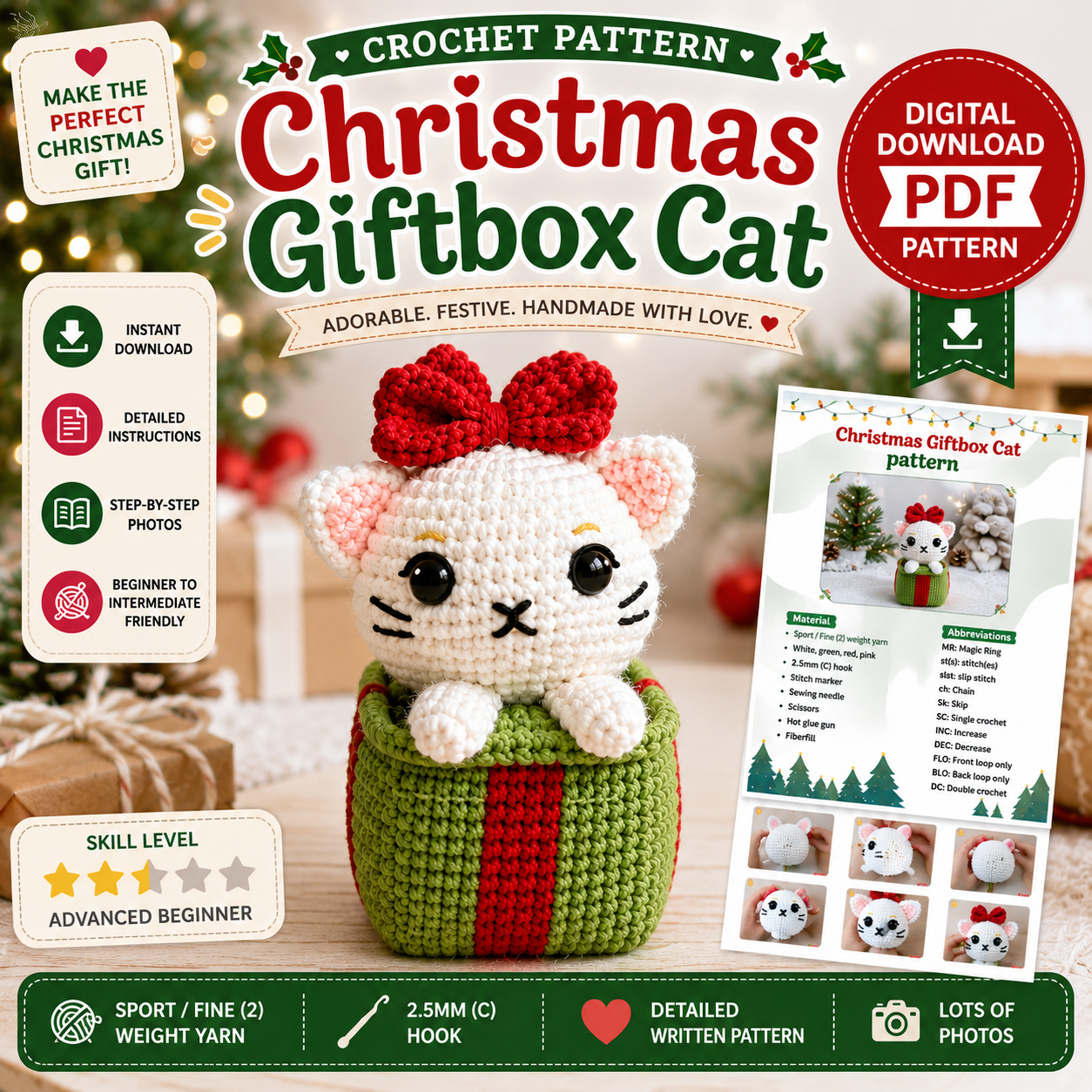 Christmas Giftbox Cat Crochet Pattern (Digital Download)