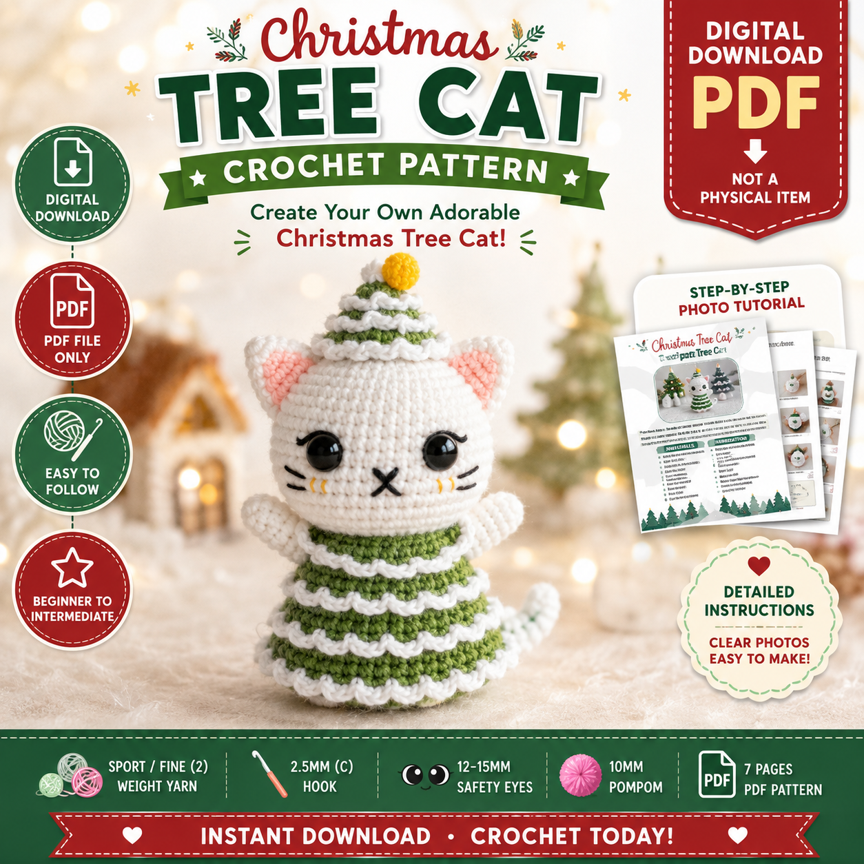 Christmas Tree Cat Crochet Pattern | Cute Holiday Amigurumi Cat | (Digital Download)
