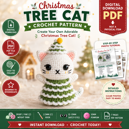 Christmas Tree Cat Crochet Pattern | Cute Holiday Amigurumi Cat | (Digital Download)