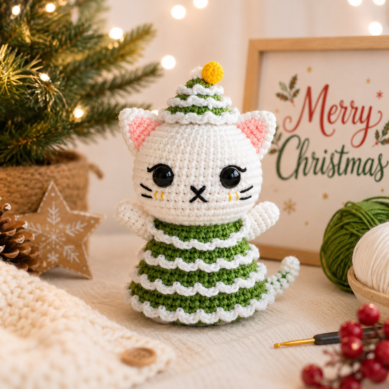 Christmas Tree Cat Crochet Pattern | Cute Holiday Amigurumi Cat | (Digital Download)