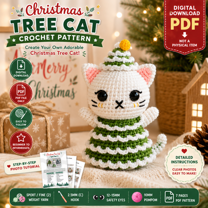 Christmas Tree Cat Crochet Pattern | Cute Holiday Amigurumi Cat | (Digital Download)