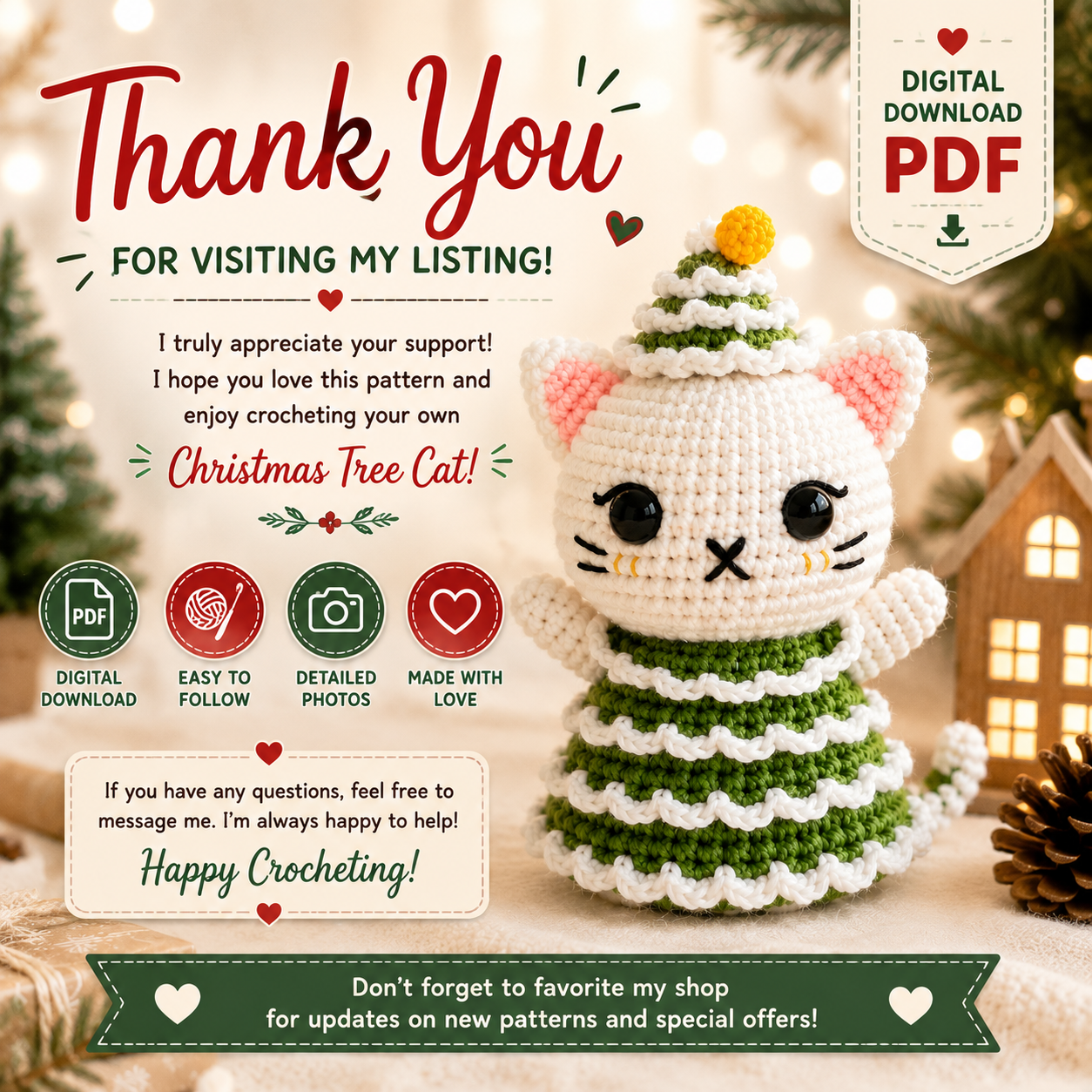 Christmas Tree Cat Crochet Pattern | Cute Holiday Amigurumi Cat | (Digital Download)