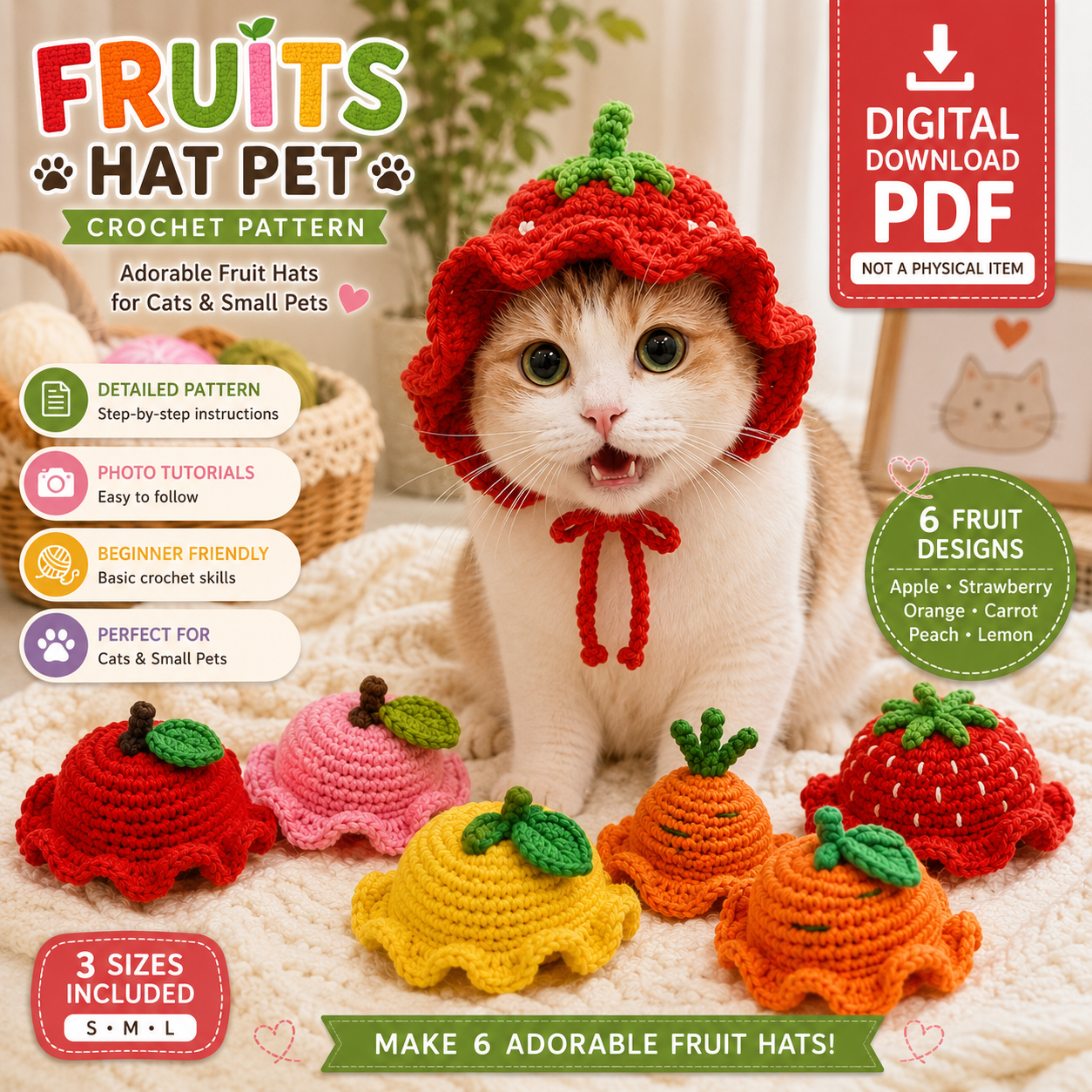 Fruit Hat Pet Crochet Pattern | Apple Strawberry Orange Carrot Peach Lemon | (Digital Download)