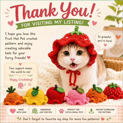 Fruit Hat Pet Crochet Pattern | Apple Strawberry Orange Carrot Peach Lemon | (Digital Download)