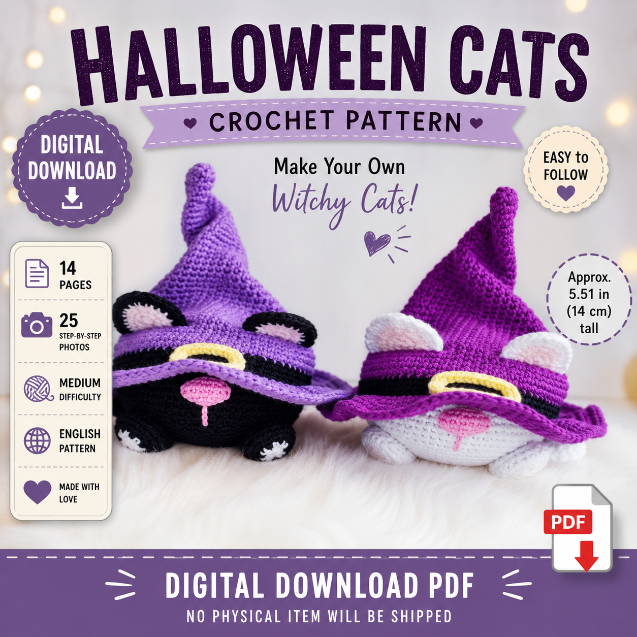 Halloween Cats Crochet Pattern – Witch Cat Amigurumi (Digital Download)