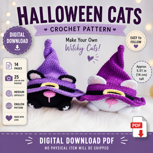 Halloween Cats Crochet Pattern – Witch Cat Amigurumi (Digital Download)