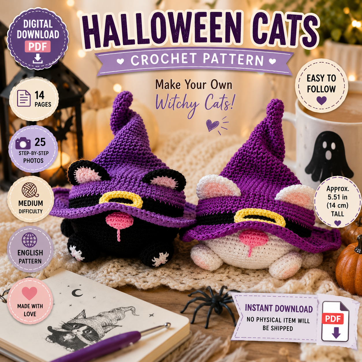 Halloween Cats Crochet Pattern – Witch Cat Amigurumi (Digital Download)