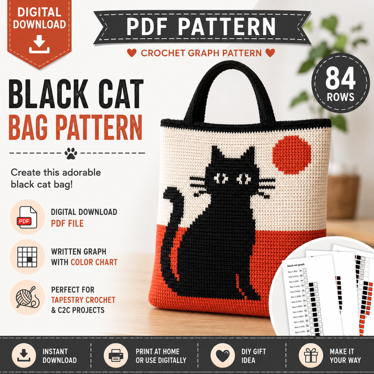 Black Cat Bag Crochet Pattern | Color Block Cat Graph | (84 Row Digital Download)