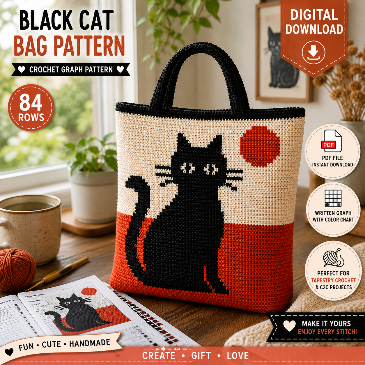 Black Cat Bag Crochet Pattern | Color Block Cat Graph | (84 Row Digital Download)
