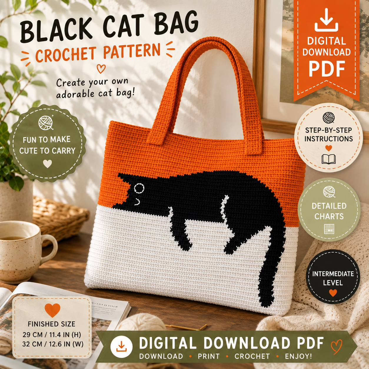Black Cat Bag Crochet Pattern | Cat Tote Bag Pattern | (Digital Download)