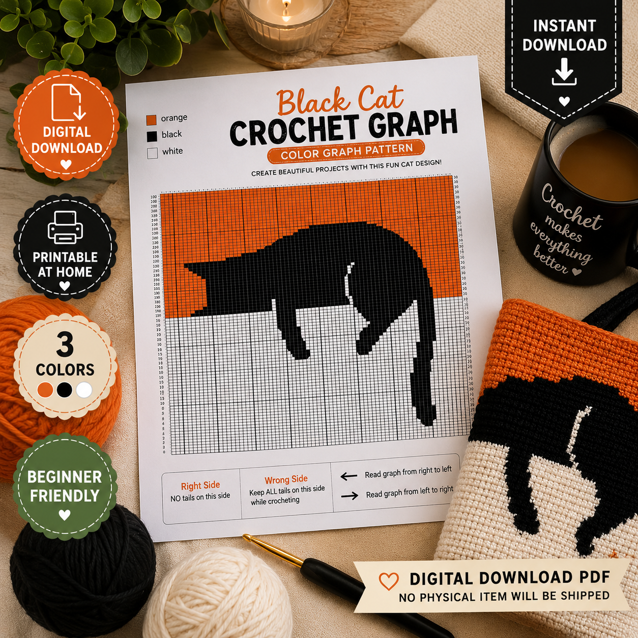 Black Cat Crochet Graph Pattern | Cat Colorwork Chart | (Digital Download)