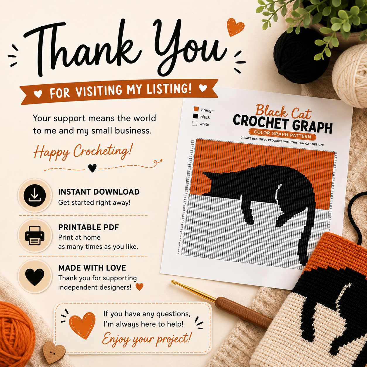 Black Cat Crochet Graph Pattern | Cat Colorwork Chart | (Digital Download)