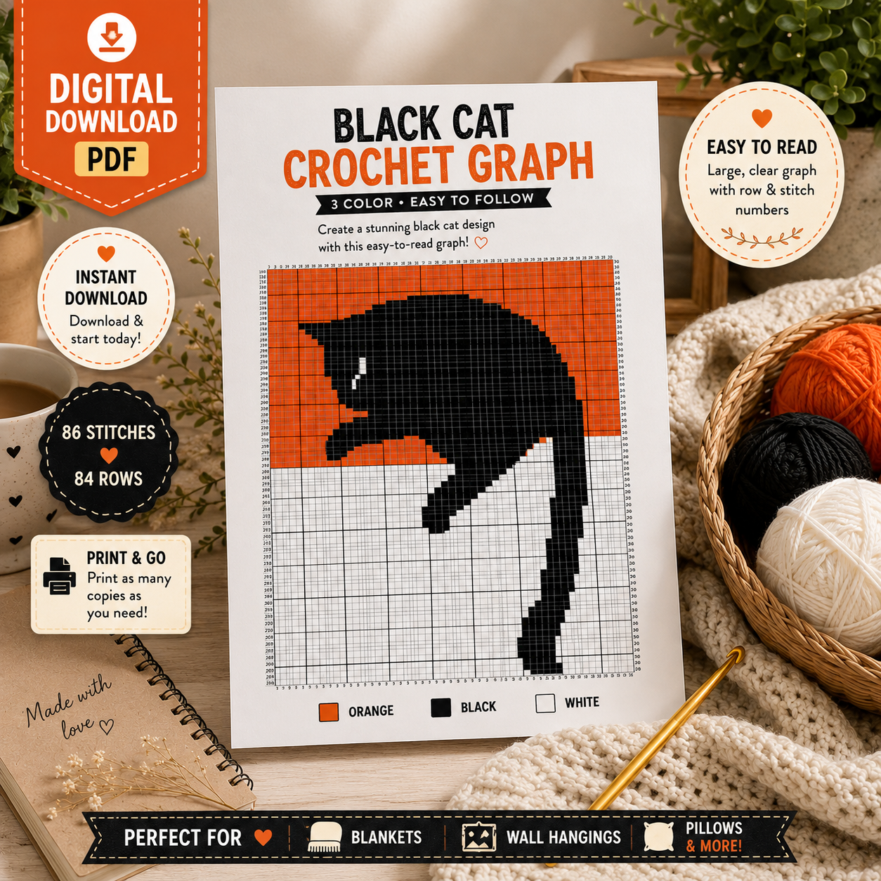 Black Cat Crochet Graph Pattern | Cat Colorwork Chart | (Digital Download)