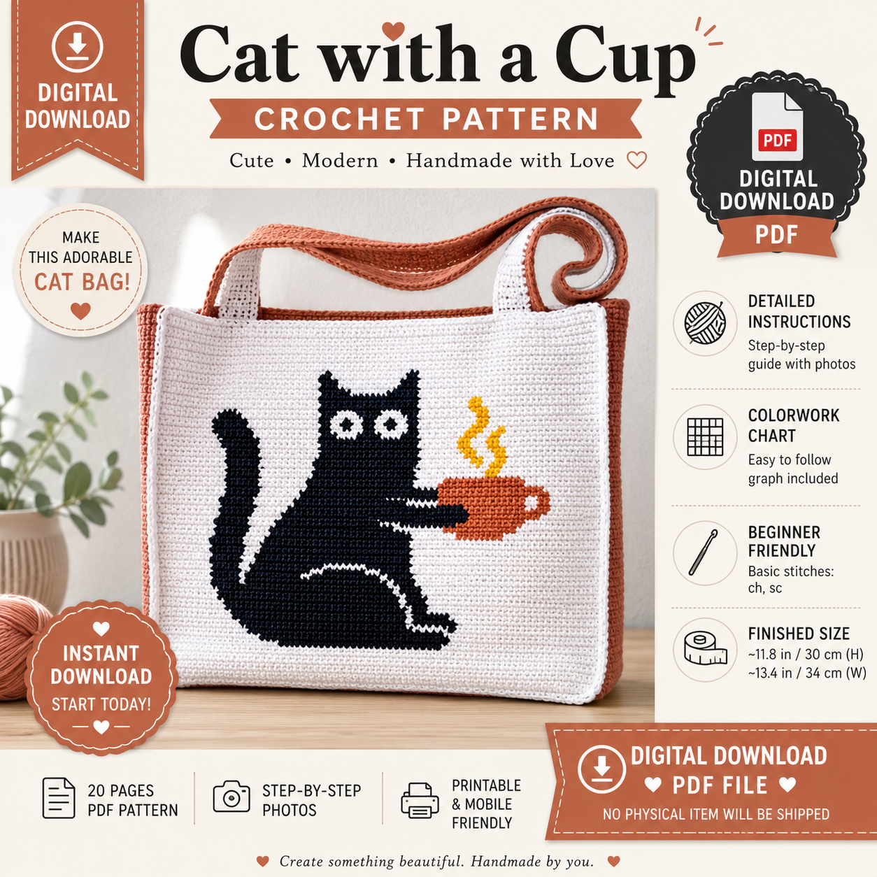 Cat with a Cup Crochet Bag Pattern, Intarsia Colorwork Bag, (Digital Download)