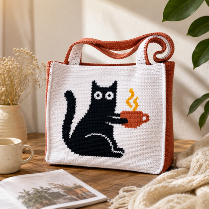Cat with a Cup Crochet Bag Pattern, Intarsia Colorwork Bag, (Digital Download)