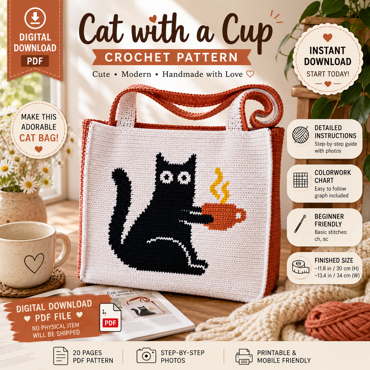Cat with a Cup Crochet Bag Pattern, Intarsia Colorwork Bag, (Digital Download)