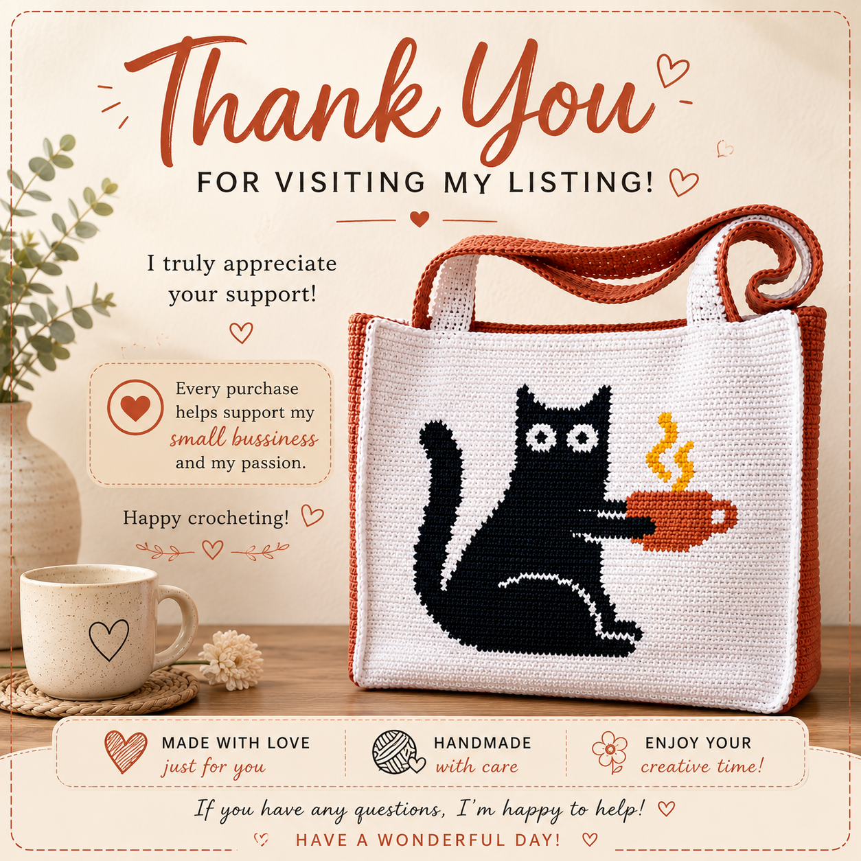 Cat with a Cup Crochet Bag Pattern, Intarsia Colorwork Bag, (Digital Download)