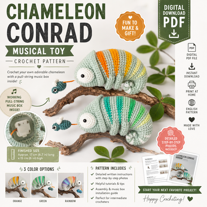 Chameleon Conrad Musical Toy Crochet Pattern (Digital Download)