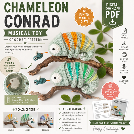 Chameleon Conrad Musical Toy Crochet Pattern (Digital Download)