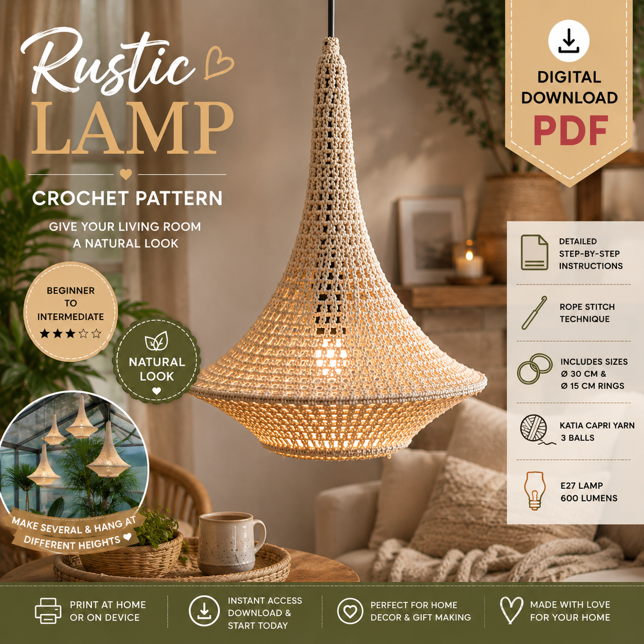 Rustic Crochet Chandelier Lamp Pattern | Pendant Light Shade | (Digital Download)