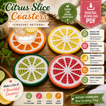 Citrus Slice Coasters Crochet Pattern | Lemon Lime Orange & Grapefruit Coasters | (Digital Download)