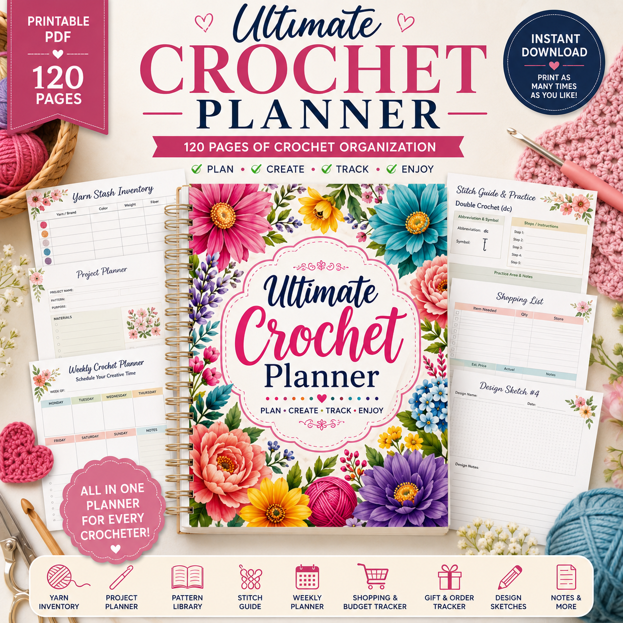FREE Ultimate Crochet Planner | 120-Page Printable Crochet Journal & Project Planner