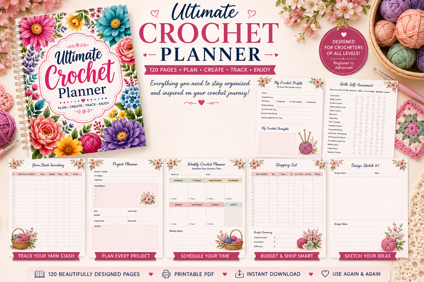 FREE Ultimate Crochet Planner | 120-Page Printable Crochet Journal & Project Planner