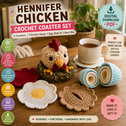 Hennifer Chicken Crochet Coaster Set (Digital Download)