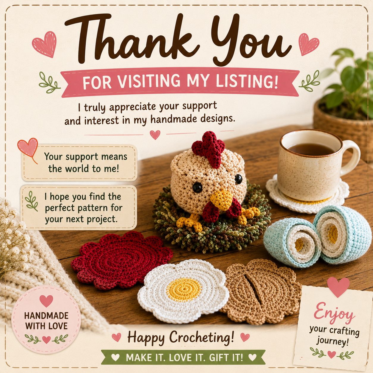 Hennifer Chicken Crochet Coaster Set (Digital Download)