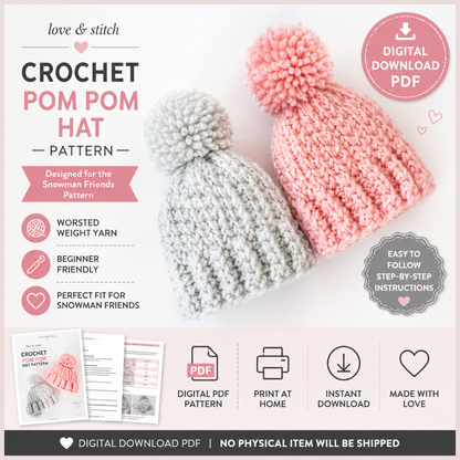 Crochet Pom Pom Snowman Hat Pattern – (Digital PDF Download)